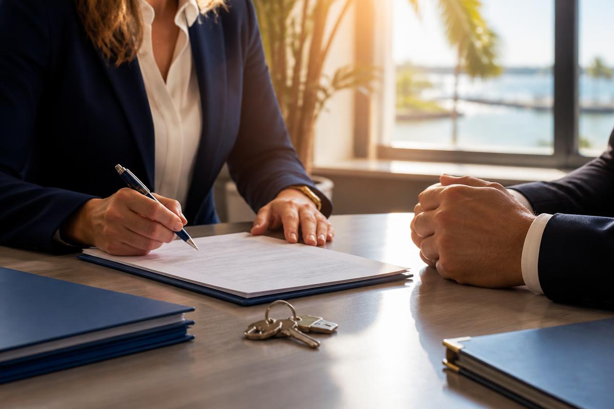 Florida real estate document signing with keys on a conference table
