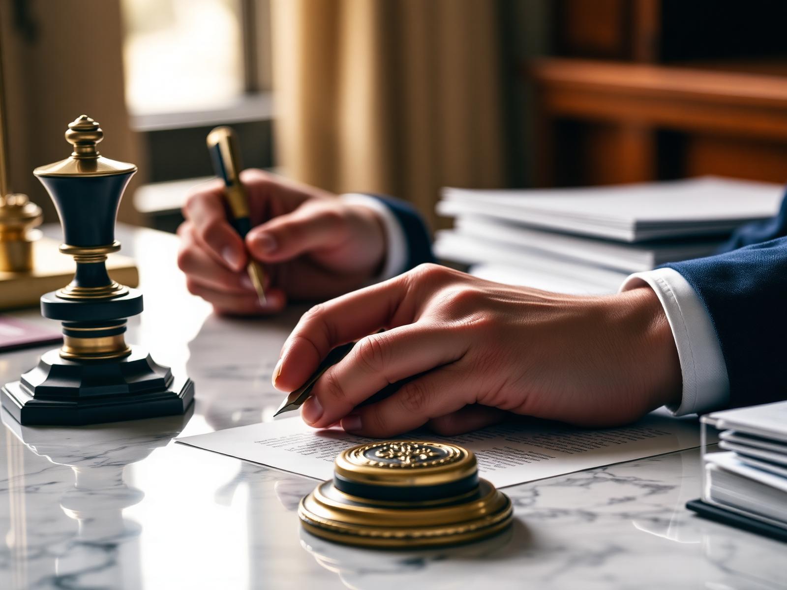 Florida notary signing legal documents with a premium fountain pen